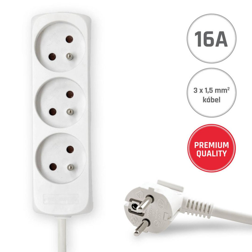 Predlžovací kábel 16A biely 3 zásuvky 5m 3G1,5
