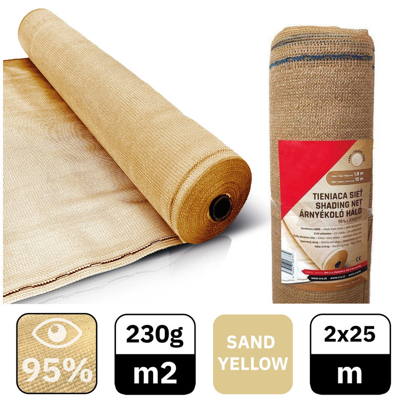Tieniaca sieť pieskovo žltá 95%  - dĺžka 25m - výška 2m