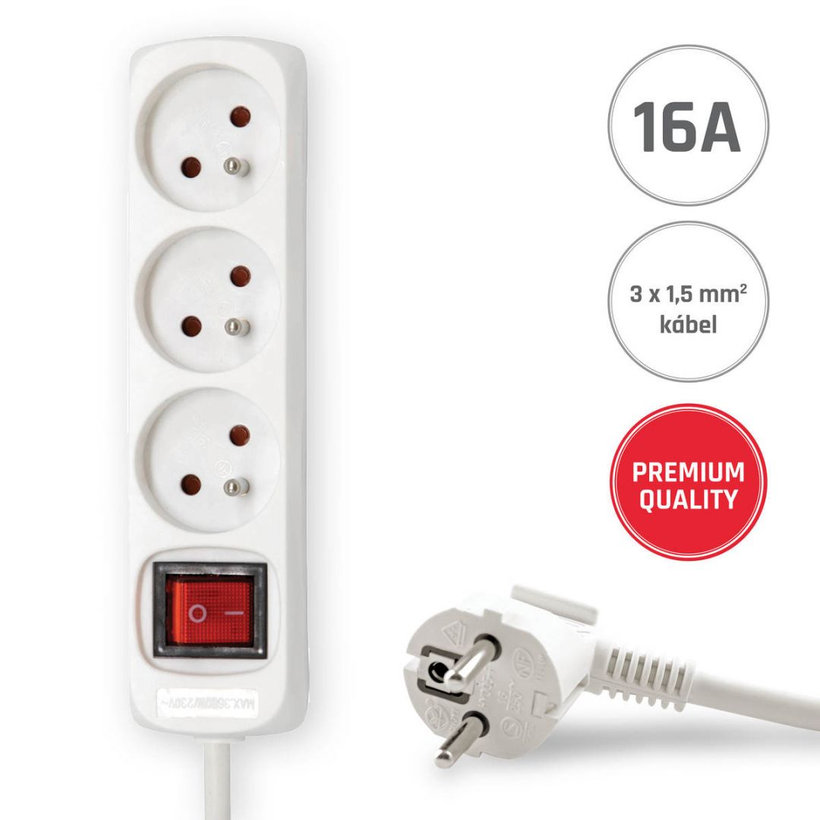 Predlžovací kábel 16A biely s vypínačom 3 zásuvky 5m 3G1,5