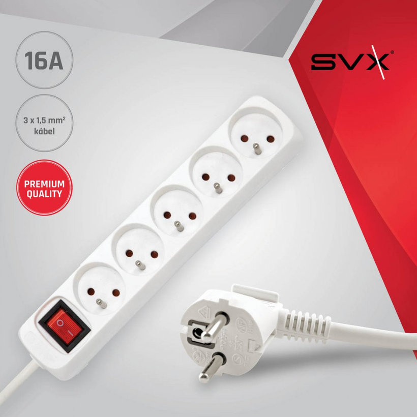 5 zásuviek 5m 3G1,5 Predlžovací kábel 16A biely s vypínačom