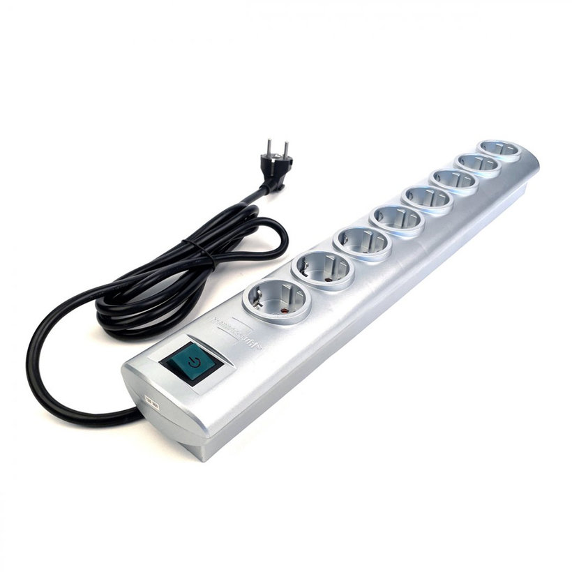 Predlžovací kábel PRIMERA 8 zásuviek 16A strieborný SCHUKO 2m