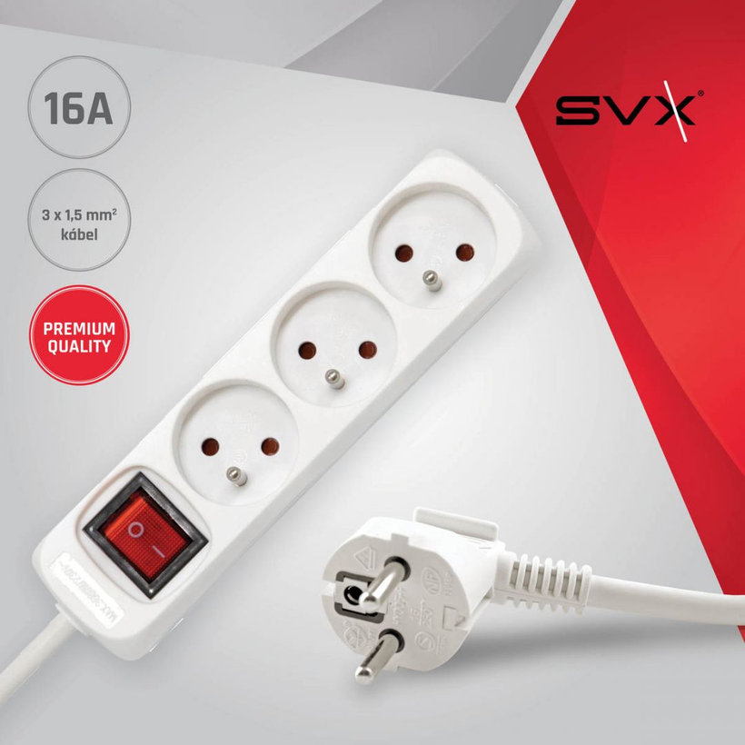 Predlžovací kábel 16A biely s vypínačom 3 zásuvky 5m 3G1,5