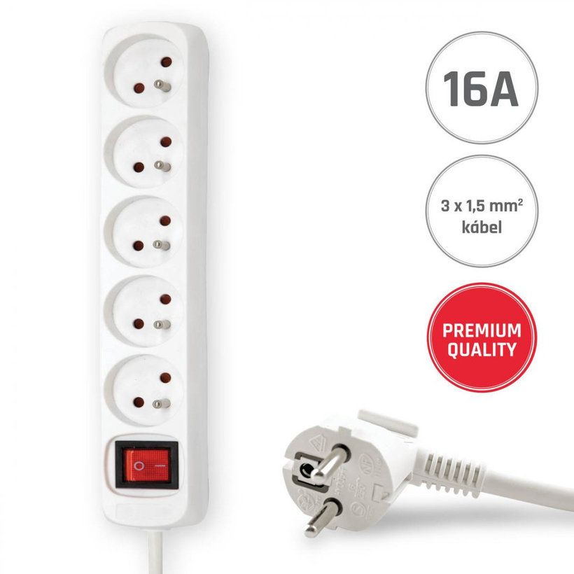 5 zásuviek 5m 3G1,5 Predlžovací kábel 16A biely s vypínačom