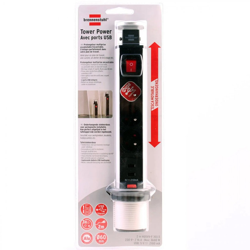 Inovatívna stolová zásuvka Tower Power s USB-nabíjačkou 2m