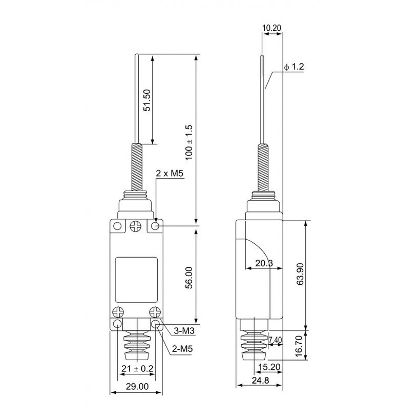 Koncový spínač s pružinovou pákou a plastovou koncovkou
