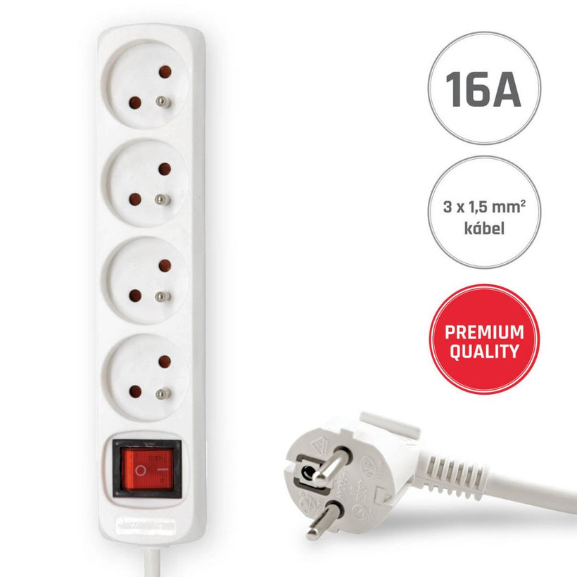 Predlžovací kábel 16A biely s vypínačom 4 zásuvky 3m 3G1,5
