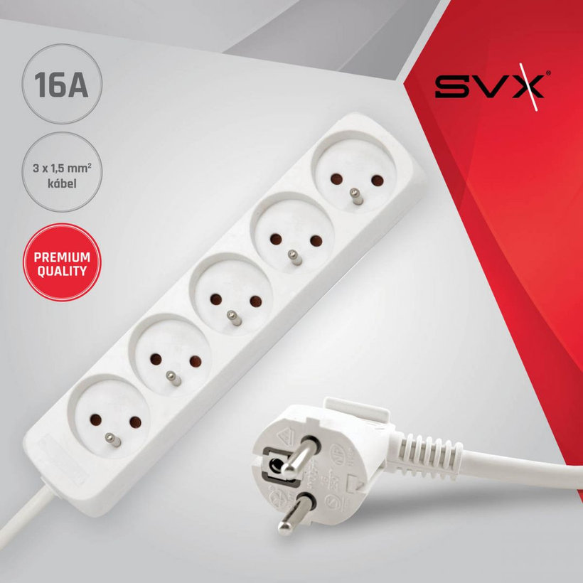 Predlžovací kábel 16A biely 5 zásuviek 5m 3G1,5