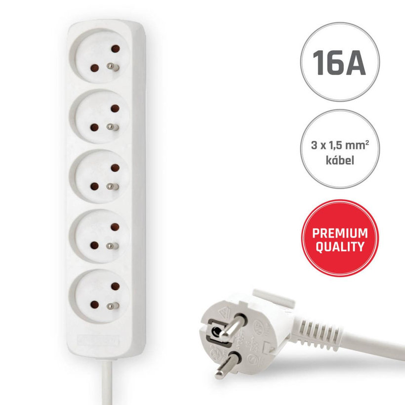 Predlžovací kábel 16A biely 5 zásuviek 5m 3G1,5