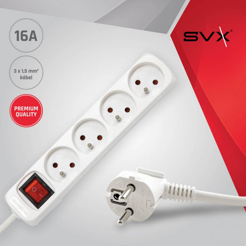 Predlžovací kábel 16A biely s vypínačom 4 zásuvky 3m 3G1,5