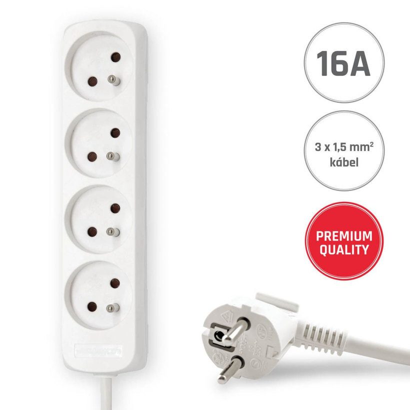 Predlžovací kábel 16A biely 4 zásuvky 3m 3G1,5