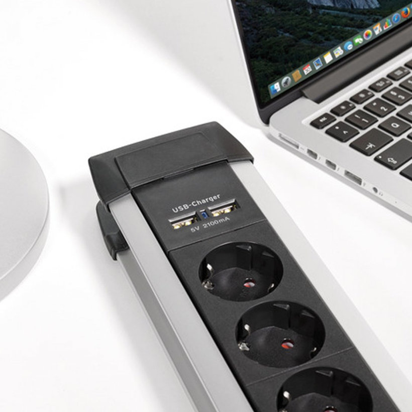 Predlžovací kábel 6-zásuvkový, Premium-Alu-Line s USB nabíjačkou 3m