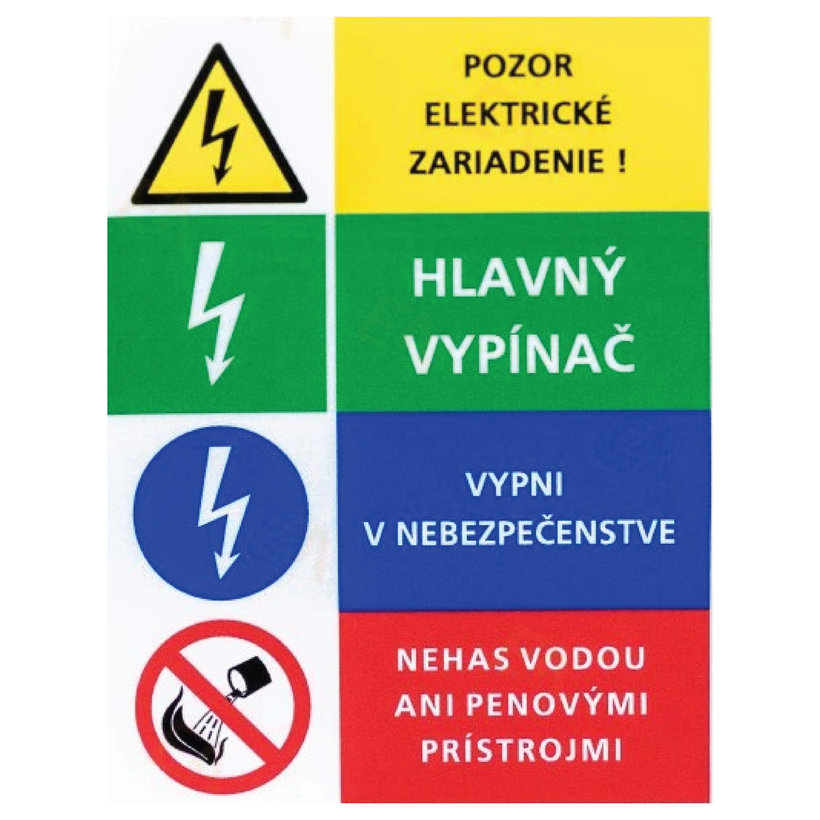 Samolepka - Kombinácia - elektrické zariadenie, hlavný vypínač, vypni v nebezpečenstve, nehas vodou