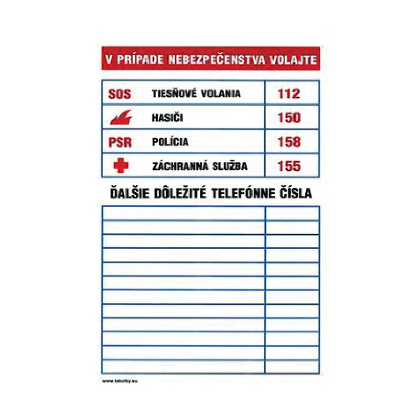 Samolepka - Tabuľka dôležitých telefónnych čísel