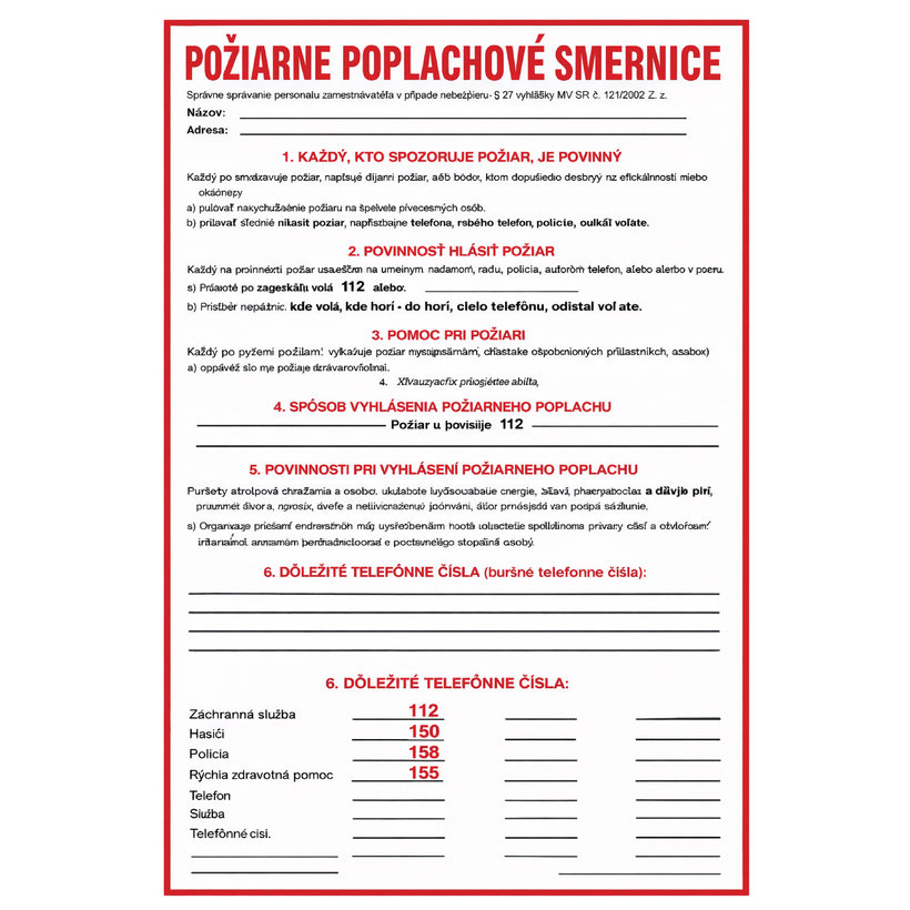 Tabuľka - Požiarne poplachové smernice